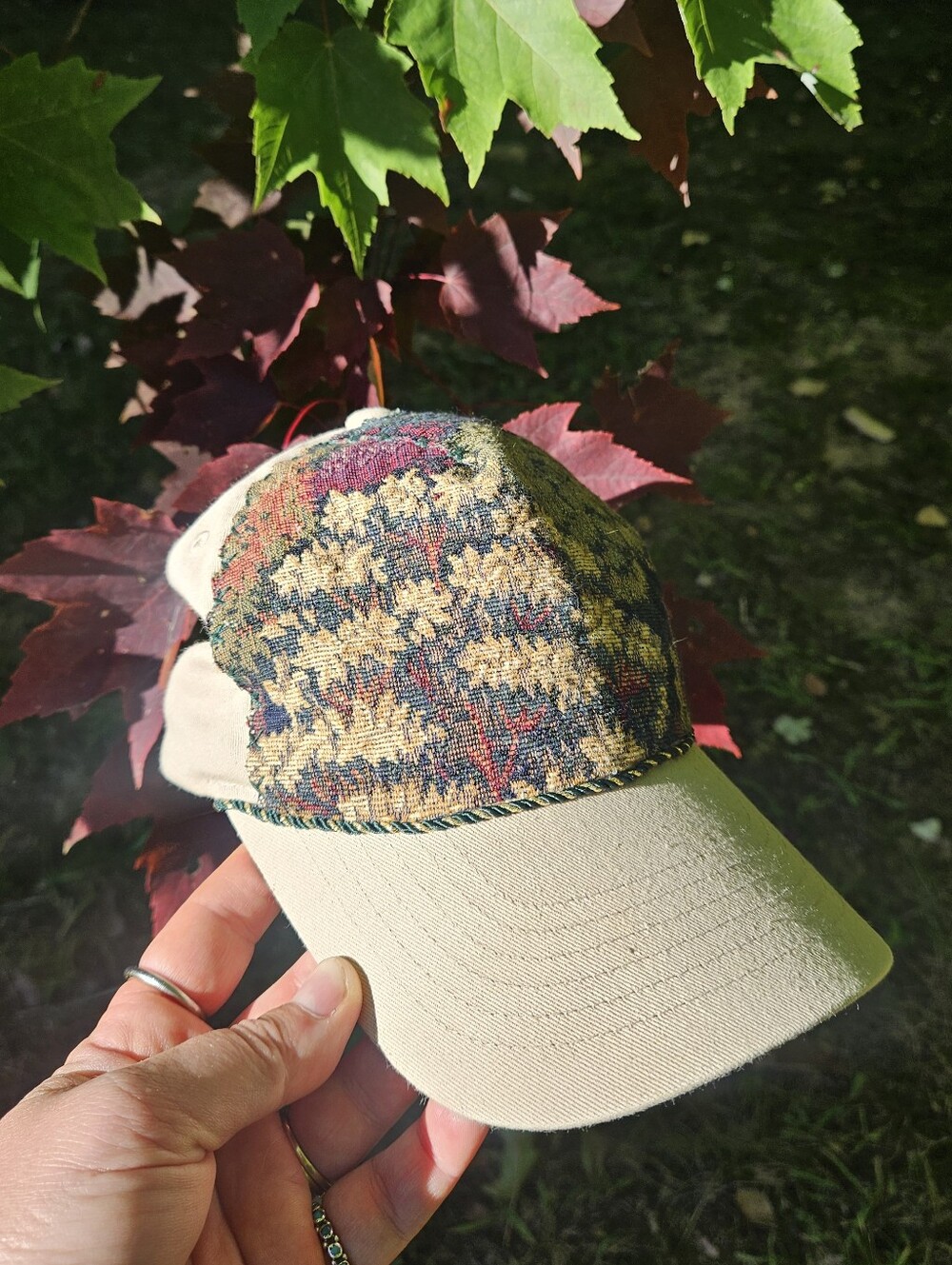 Gritty Boho Beige Forest Floral Vintage Tapestry Print Upcycled Baseball Cap